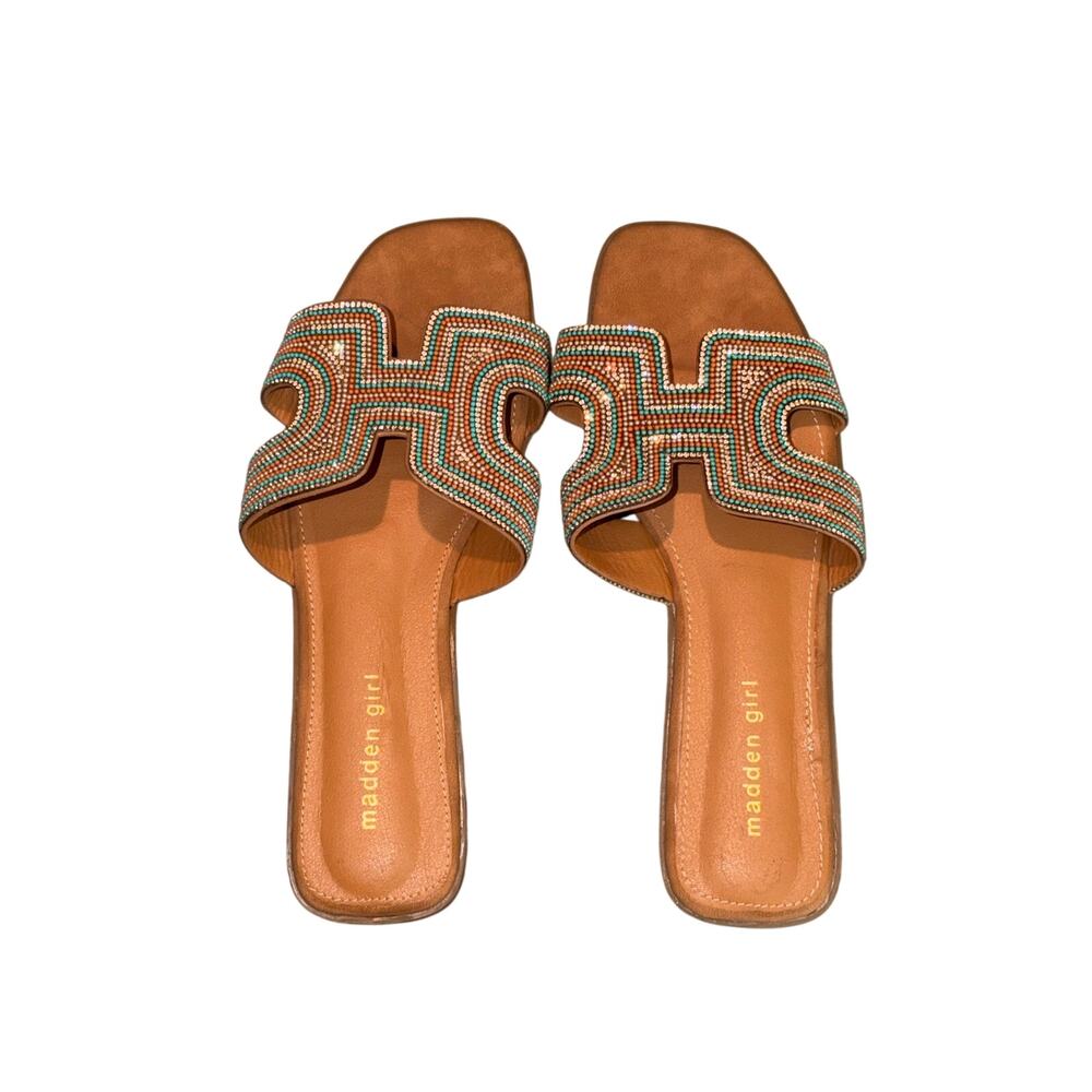 Madden Girl Hally-B Beaded Slide Sandals Women’s 9.5 Turquoise Boho Western